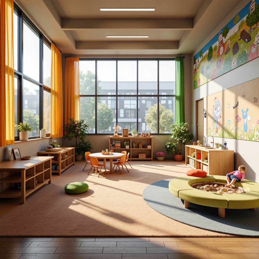 Prompt: Vibrant kindergarten building, large windows, natural light, colorful curtains, educational decals, playful wall art, cheerful furniture, soft carpet floors, cozy reading nooks, circular tables, tiny chairs, wooden blocks, building bricks, toy storage bins, child-sized sinks, gentle water features, indoor plants, blooming flowers, sunny day, warm soft lighting, shallow depth of field, 1/2 composition, symmetrical view, realistic textures, ambient occlusion.