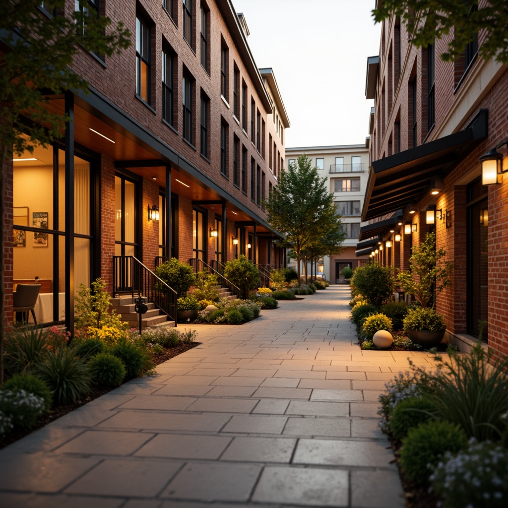 Prompt: Warm urban streets, brick buildings, rustic wooden accents, cozy streetlights, vintage metal lanterns, rich brownstones, earthy terracotta, soft beige sidewalks, lush greenery, vibrant flowers, modern minimalist architecture, large glass windows, warm golden lighting, shallow depth of field, 3/4 composition, panoramic view, realistic textures, ambient occlusion.