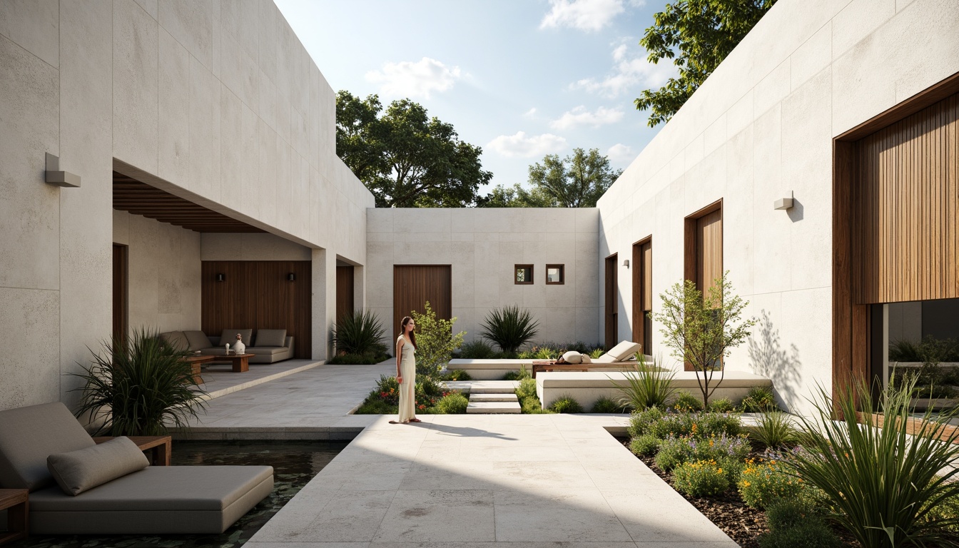 Prompt: Serenity-filled monastery courtyard, minimalist Bauhaus architecture, clean lines, simple forms, white stucco walls, large windows, wooden accents, natural stone flooring, peaceful water features, lush greenery, vibrant flowers, subtle lighting, soft shadows, contemplative atmosphere, empty space, abstract art pieces, geometric patterns, monochromatic color scheme, brutalist concrete elements, rustic wood textures, warm ambient lighting, shallow depth of field, 1/1 composition, panoramic view.