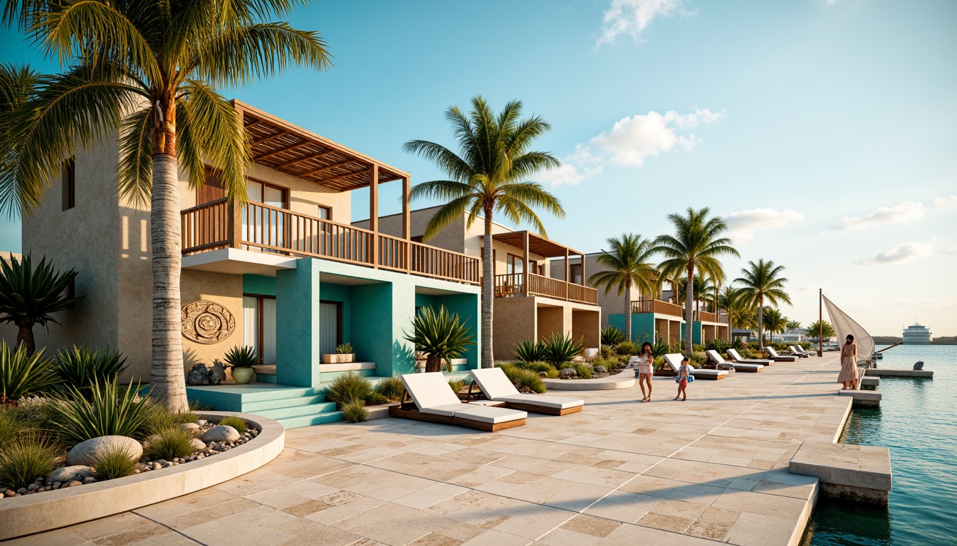 Prompt: Vibrant beachside villas, coral-inspired facades, ocean-blue accents, sandy-beige walls, driftwood decorations, seashell patterns, tropical palm trees, warm sunny days, soft golden lighting, shallow depth of field, 1/1 composition, wide-angle lens, realistic textures, ambient occlusion, nautical ropes, rustic wooden docks, seaside promenades, calm turquoise waters, sailboat-inspired roofs, beachy keystone architecture.