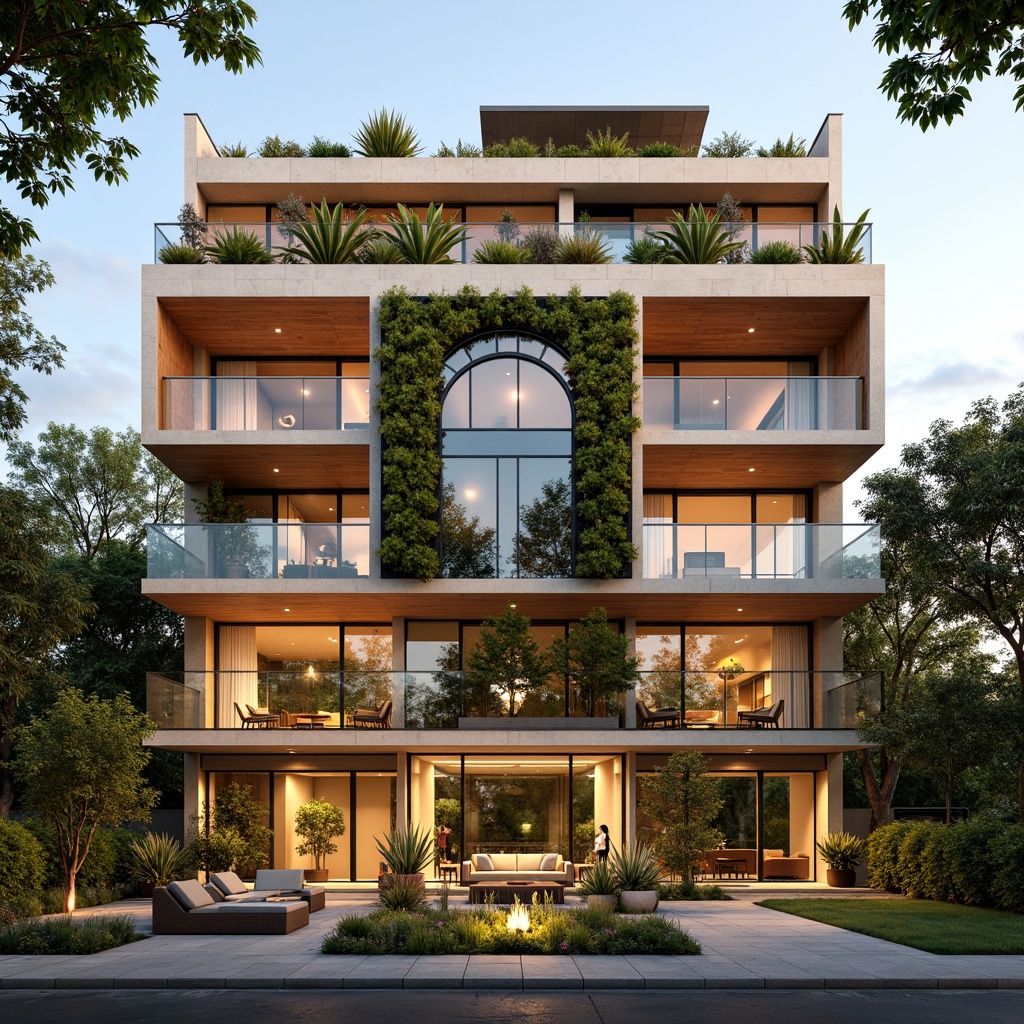 Prompt: Vibrant residential facade, warm earthy tones, organic shapes, natural stone cladding, wooden accents, large windows, sliding glass doors, Juliet balconies, lush green walls, vertical gardens, modern minimalist design, clean lines, flat roofs, solar panels, rainwater harvesting systems, eco-friendly materials, cozy outdoor seating areas, soft warm lighting, shallow depth of field, 1/1 composition, realistic textures, ambient occlusion.