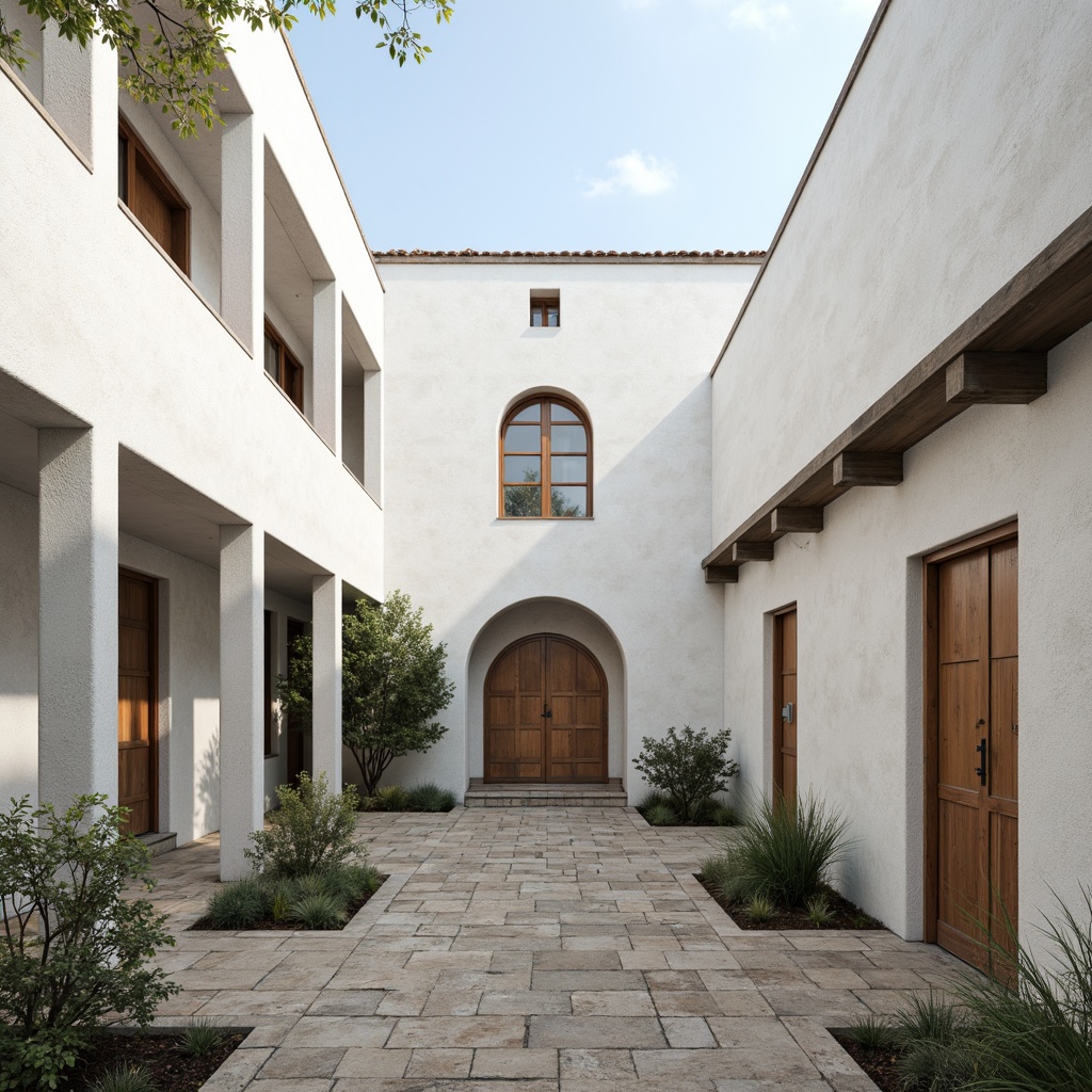 Prompt: Simple monastery courtyard, whitewashed walls, rustic stone floors, minimal ornamentation, clean lines, rectangular windows, wooden doors, sparse greenery, natural light, soft shadows, subtle texture, 1/1 composition, neutral color palette, industrial materials, steel beams, concrete structures, functional design, brutalist influences, peaceful atmosphere, contemplative mood.