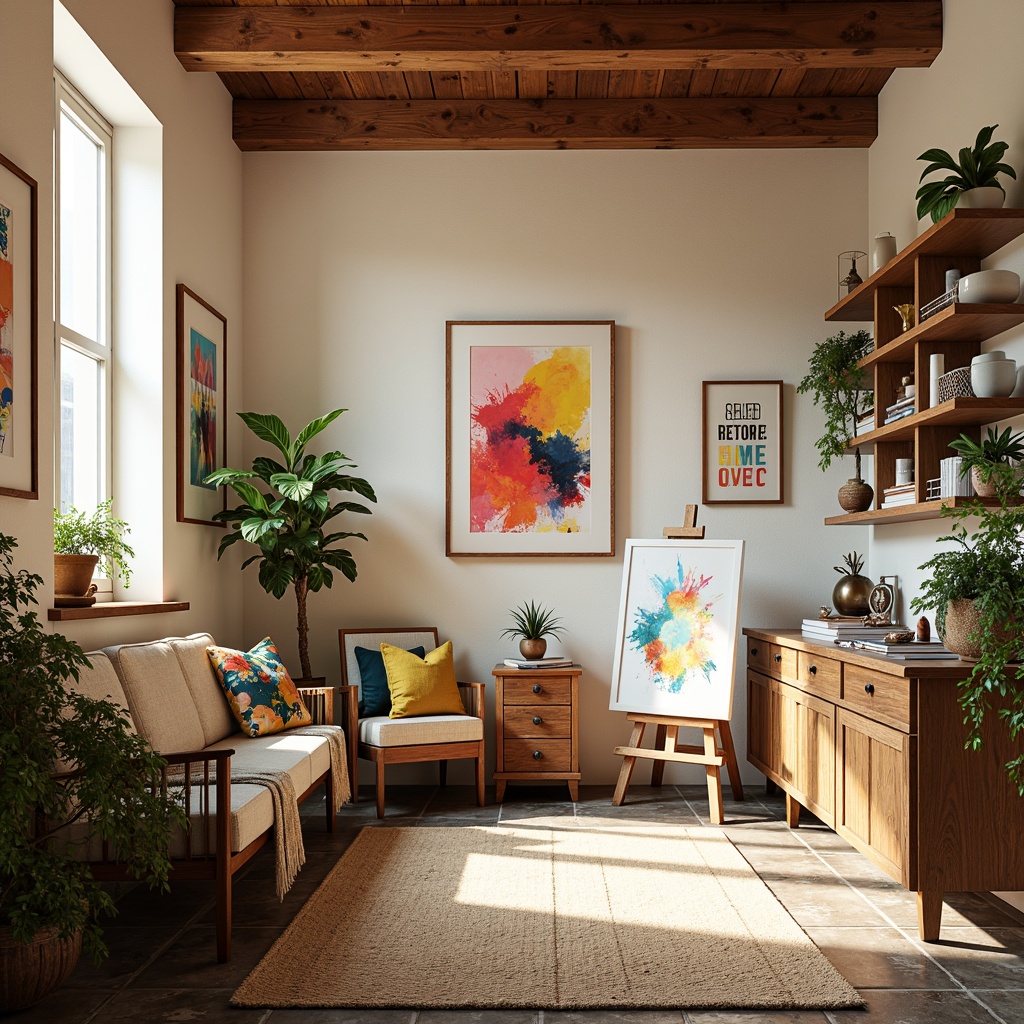 Prompt: Vibrant artistic studio, eclectic furniture, rich wooden accents, bold brushstrokes, abstract canvas, modern easel, colorful paint tubes, inspirational quotes, natural light pouring in, creamy white walls, rustic stone floors, cozy atmosphere, warm golden lighting, soft focus, 2/3 composition, pastel color scheme, harmonious contrast.