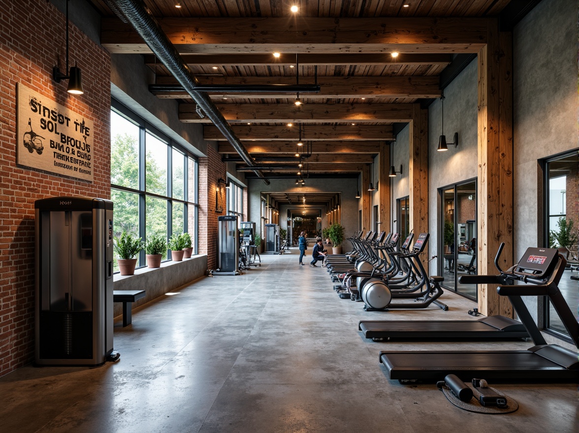 Prompt: Modern fitness club interior, industrial chic aesthetic, exposed brick walls, polished concrete floors, metallic equipment, rustic wooden accents, urban loft vibe, reclaimed wood beams, dynamic lighting effects, bold color schemes, motivational quotes, state-of-the-art machinery, sleek lines, minimalist decor, textured rubber flooring, mirrored walls, floor-to-ceiling windows, natural daylight, airy atmosphere, 3/4 composition, shallow depth of field, panoramic view, realistic reflections.