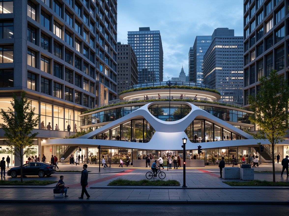 Prompt: Sleek tram station, curved lines, futuristic architecture, gleaming metal surfaces, LED light installations, transparent glass roofs, minimalist design, energy-efficient systems, solar panels, green walls, urban landscape, busy streets, vibrant city lights, shallow depth of field, 3/4 composition, panoramic view, realistic reflections, ambient occlusion.