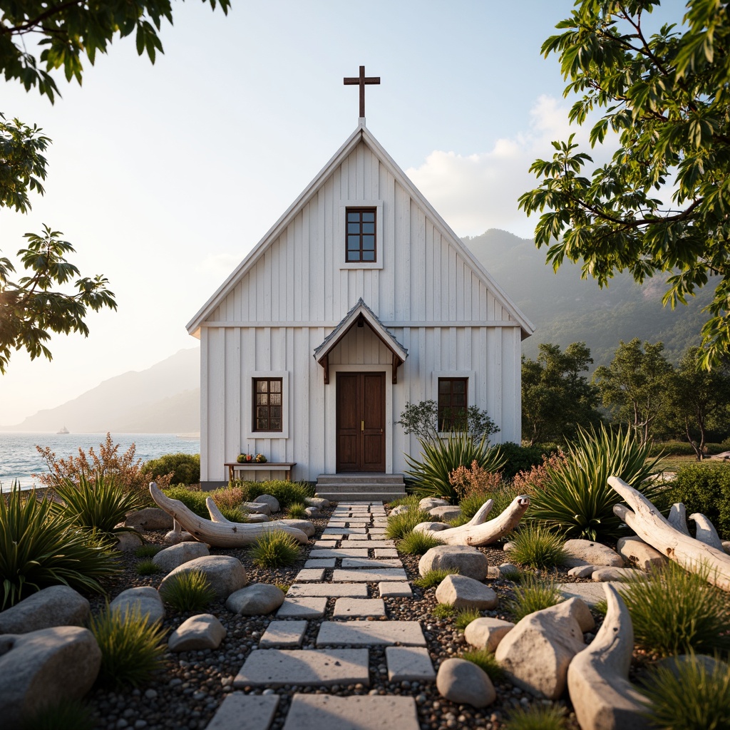 Prompt: Seaside church, driftwood benches, weathered stone pathways, lush greenery, coastal succulents, beachy flowers, shells, pebbles, ocean-inspired sculptures, stained glass windows, nautical-themed decorations, soft warm lighting, misty morning atmosphere, shallow depth of field, 1/1 composition, symmetrical architecture, white clapboard exterior, steeply pitched roof, rustic wooden doors, serene coastal views, gentle sea breeze.