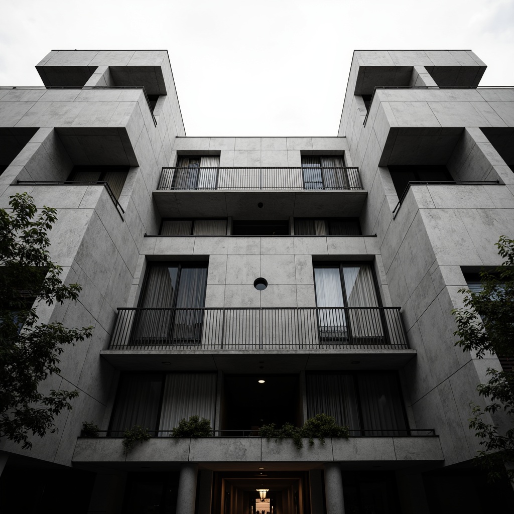 Prompt: Geometric concert house facade, asymmetrical composition, rectangular windows, bold cantilevered roofs, functionalist design, raw concrete texture, industrial metal accents, minimalist ornamentation, monochromatic color scheme, dramatic shading, abstract architectural patterns, futuristic ambiance, high-contrast lighting, low-angle photography, 1/1 composition, ultra-wide lens, moody atmospheric effects, avant-garde atmosphere.