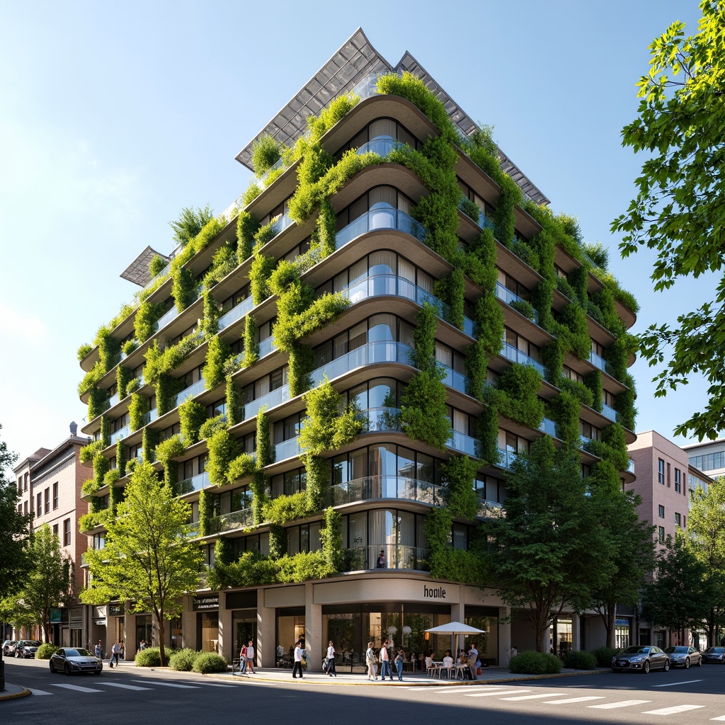 Prompt: Eco-friendly building facade, lush green walls, living roofs, solar panels, wind turbines, rainwater harvesting systems, recycled materials, natural ventilation, large windows, minimal shading devices, optimized energy efficiency, sustainable architecture, modern design, urban landscape, busy street scene, sunny day, soft warm lighting, shallow depth of field, 3/4 composition, panoramic view, realistic textures, ambient occlusion.