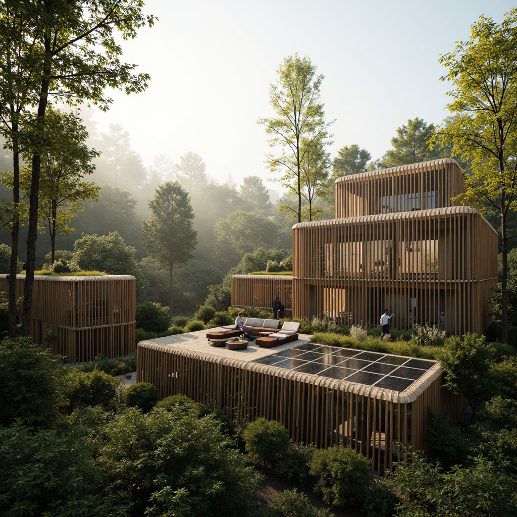 Prompt: Sustainable bamboo architecture, eco-friendly building materials, natural textures, organic shapes, curved lines, minimal carbon footprint, renewable energy sources, solar panels, green roofs, living walls, urban forestry, serene forest surroundings, misty morning atmosphere, soft warm lighting, shallow depth of field, 3/4 composition, panoramic view, realistic textures, ambient occlusion.