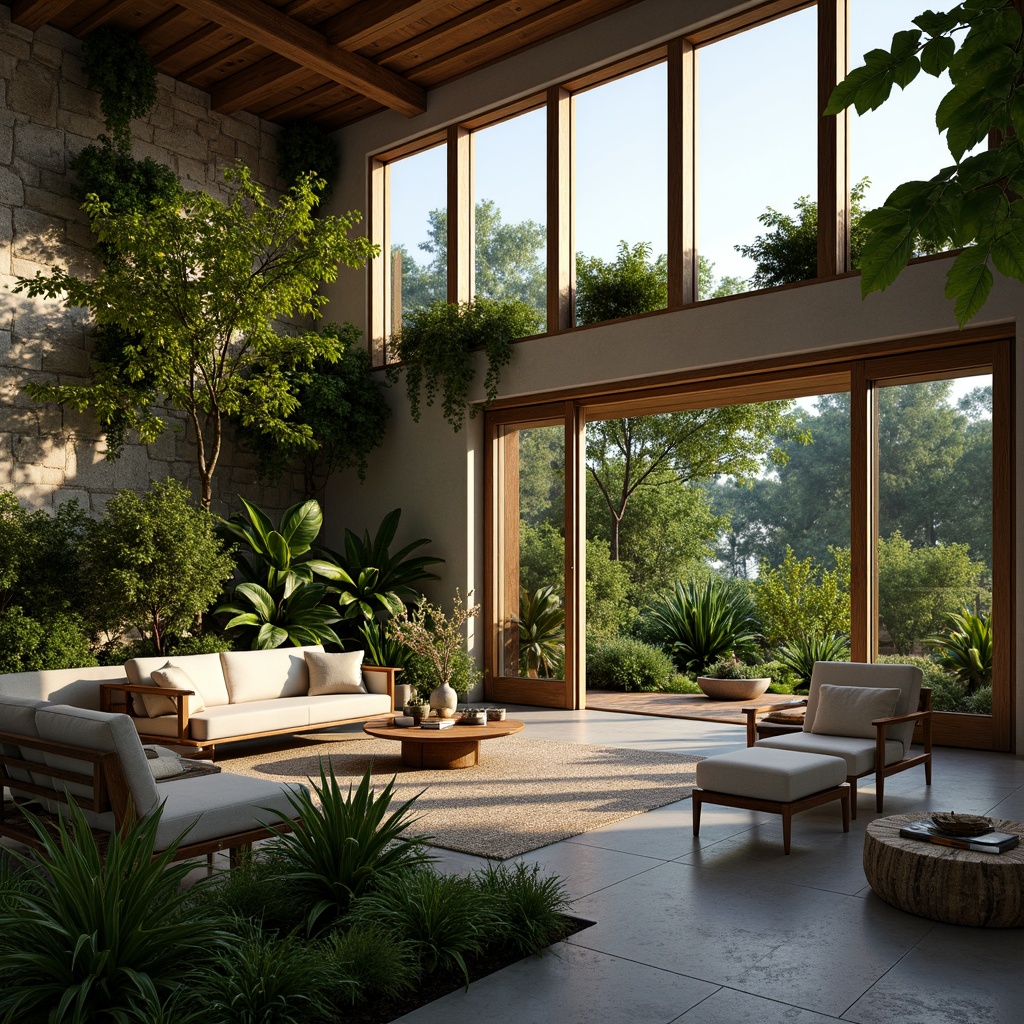 Prompt: Vibrant greenery, lush plants, natural stone walls, wooden accents, floor-to-ceiling windows, sliding glass doors, open-plan living spaces, minimalist decor, soft diffused light, warm ambient glow, cozy reading nooks, nature-inspired color palette, earthy tones, organic textures, rustic wood furniture, woven textiles, botanical prints, serene atmosphere, peaceful ambiance, natural ventilation systems, energy-efficient lighting solutions.