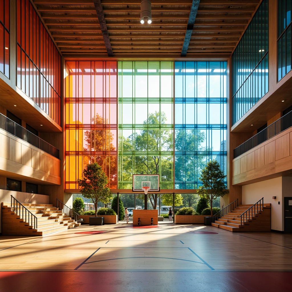 Prompt: Vibrant gymnasium interior, colored glass windows, natural light pouring in, athletic equipment, basketball hoops, sports flooring, wooden bleachers, modern architecture, sleek lines, minimalist design, energetic color scheme, dynamic lighting effects, shallow depth of field, 1/1 composition, realistic textures, ambient occlusion, sunny day, soft warm glow.