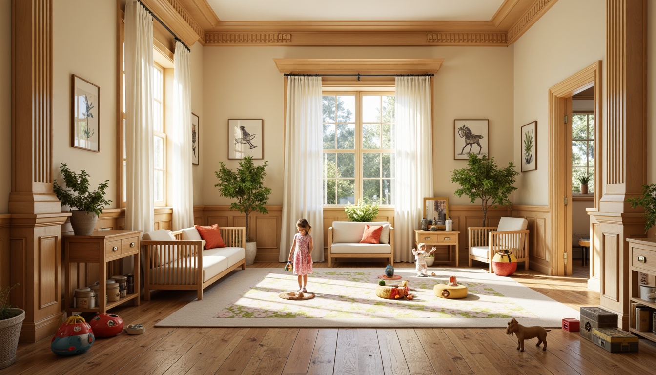 Prompt: Elegant kindergarten interior, soft warm beige walls, rich wood flooring, ornate moldings, classical columns, comfortable plush furniture, vibrant colorful rugs, educational toys, alphabet wall art, nature-inspired decorations, large windows, natural light, soft diffused lighting, 1/2 composition, symmetrical balance, realistic textures, subtle ambient occlusion.