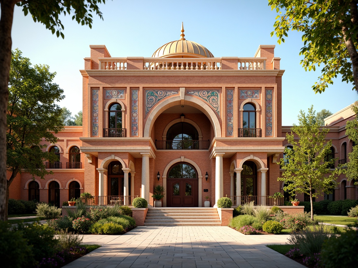 Prompt: Vibrant youth center, Byzantine-inspired facade, ornate arches, intricate stone carvings, golden domes, colorful mosaics, warm terracotta tones, rustic brick textures, ornamental columns, grand entranceways, circular windows, lantern-style lighting, lush greenery, Mediterranean plants, sunny afternoon, soft warm glow, shallow depth of field, 1/1 composition, symmetrical framing, realistic architectural details.