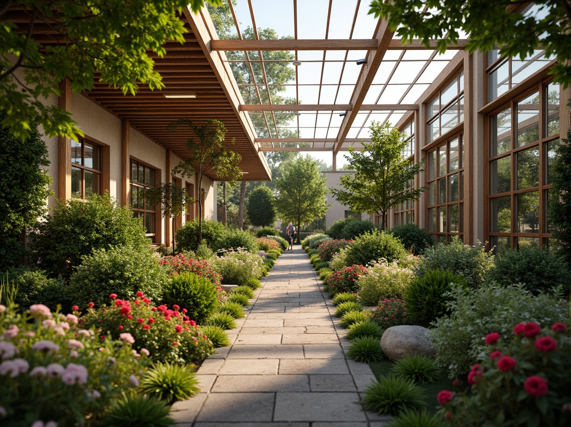 Prompt: Vibrant botanical garden, lush greenery, blooming flowers, natural stone pathways, wooden trellises, large windows, glass roofs, skylights, clerestory windows, soft warm lighting, shallow depth of field, 1/1 composition, realistic textures, ambient occlusion, subtle shadows, airy atmosphere, serene ambiance.