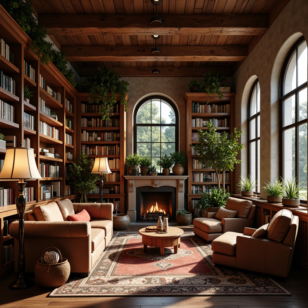 Prompt: Cozy reading nooks, warm wooden accents, rich leather upholstery, vintage bookshelves, ornate metal lamps, rustic stone walls, earthy color palette, natural textiles, woven baskets, plush area rugs, comfortable lounge chairs, wooden beam ceilings, large windows, soft diffused lighting, 1/1 composition, intimate atmosphere, regional cultural influences, classic architectural details, sophisticated decor, warm ambient glow.