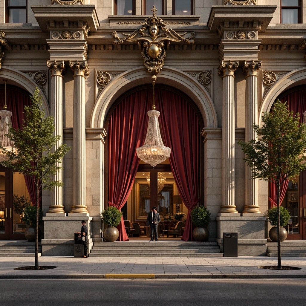 Prompt: Grandiose building facade, ornate details, Corinthian columns, carved marble, polished granite, intricate stonework, weathered bronze, rustic wooden doors, opulent gold accents, lavish velvet drapes, crystal chandeliers, imposing stone arches, symmetrical composition, warm golden lighting, shallow depth of field, 1/1 perspective, realistic renderings, ambient occlusion.