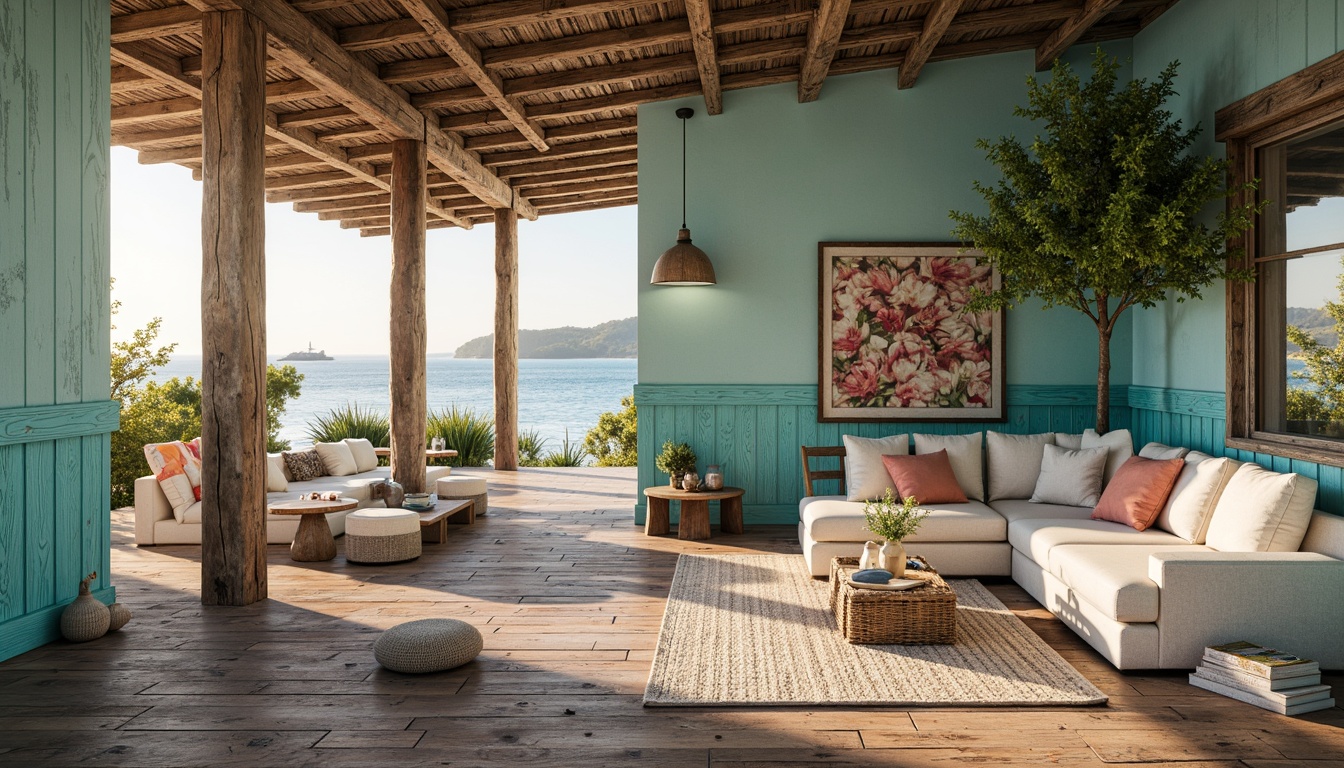 Prompt: Coastal villa, driftwood accents, weathered wooden planks, ocean-inspired color palette, turquoise hues, coral patterns, sandy textures, sea-salt finishes, nautical ropes, distressed metal details, beachy ambiance, natural lighting, soft breezy atmosphere, 1/1 composition, shallow depth of field, warm golden hour, realistic renderings, ambient occlusion.