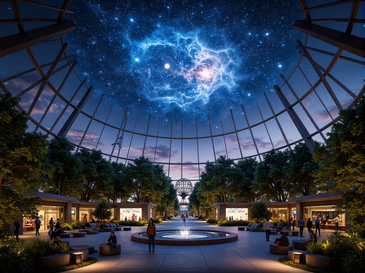 Prompt: Celestial-themed planetarium, futuristic architecture, geodesic dome, panoramic projection, starry night sky, realistic astronomical simulations, interactive exhibits, immersive experiences, eco-friendly materials, recycled metal frames, low-carbon footprint, natural ventilation systems, solar power generation, rainwater harvesting, green roofs, living walls, organic-inspired furniture, minimalist decor, ambient LED lighting, shallow depth of field, 3/4 composition, wide-angle lens, cinematic rendering, realistic textures.