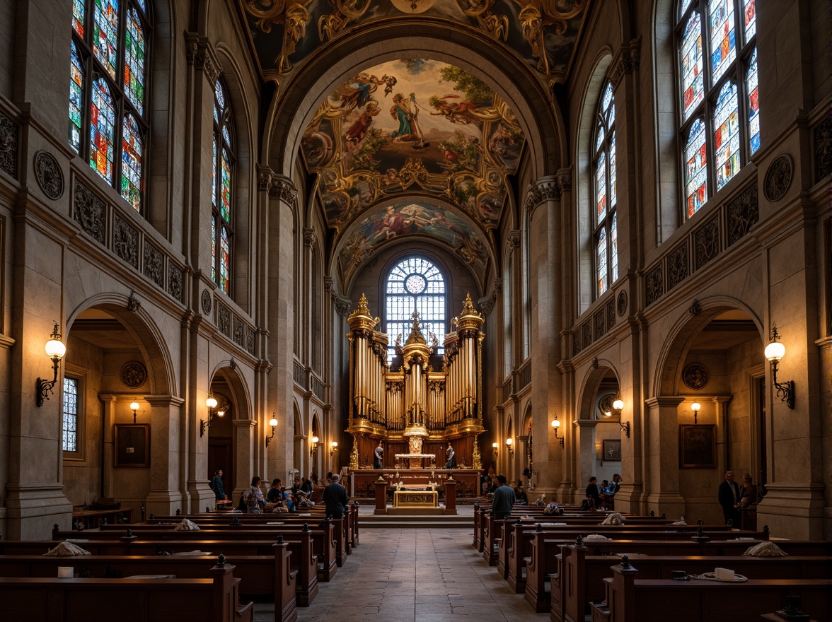 Prompt: Intricate stone carvings, ornate Gothic arches, grandiose stained glass windows, lavish frescoes, golden accents, intricate wooden pews, majestic organs, vaulted ceilings, ornate lanterns, mystical ambiance, soft warm lighting, dramatic chiaroscuro, 1/1 composition, symmetrical framing, rich textures, ambient occlusion.