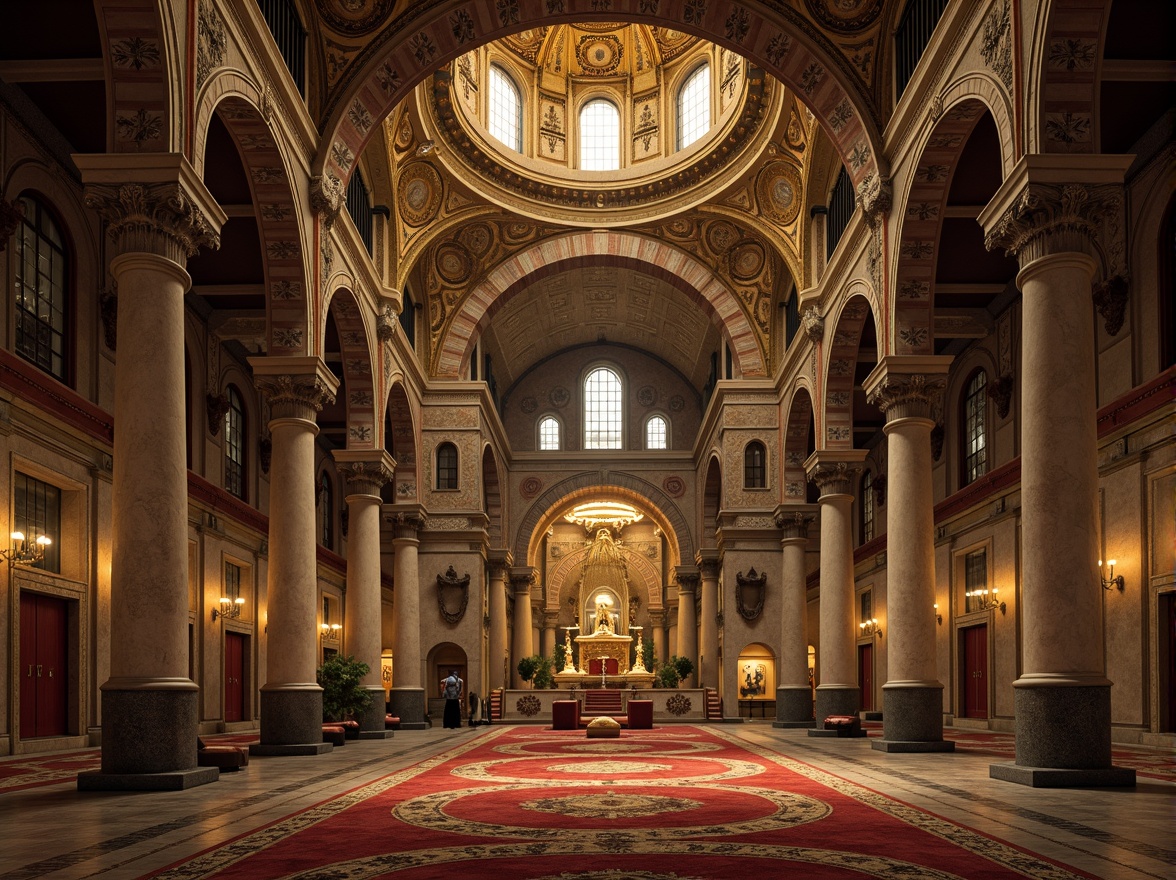 Prompt: \Majestic archways, ornate Byzantine columns, intricately carved stone capitals, golden mosaics, grand domes, richly textured fabrics, lavish furnishings, regal thrones, sacred altarpieces, mysterious ambiance, warm soft lighting, shallow depth of field, 1/1 composition, panoramic view, realistic textures, ambient occlusion.\