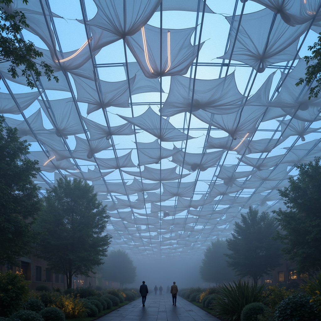 Prompt: Ethereal pavilion, iridescent fabric membranes, glowing LED lights, delicate steel framework, misty atmosphere, foggy day, soft natural lighting, subtle shadows, 1/1 composition, shallow depth of field, minimalist design, futuristic architecture, avant-garde style, experimental forms, translucent canopies, refracted light patterns, shimmering surfaces, ambient occlusion.