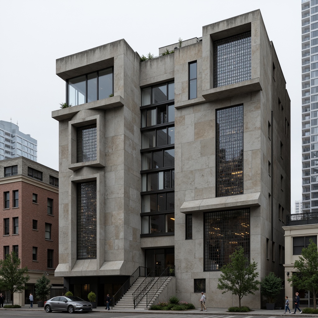 Prompt: Rugged brutalist facade, raw concrete textures, fortress-like structures, dramatic cantilevered roofs, chunky stone walls, metal grid windows, industrial pipe detailing, urban cityscape backdrop, overcast skies, bold geometric shapes, functional minimalist aesthetic, rough-hewn natural materials, imposing monumental scale, high-contrast shadows, intense dramatic lighting, 1/2 composition, gritty realistic render.