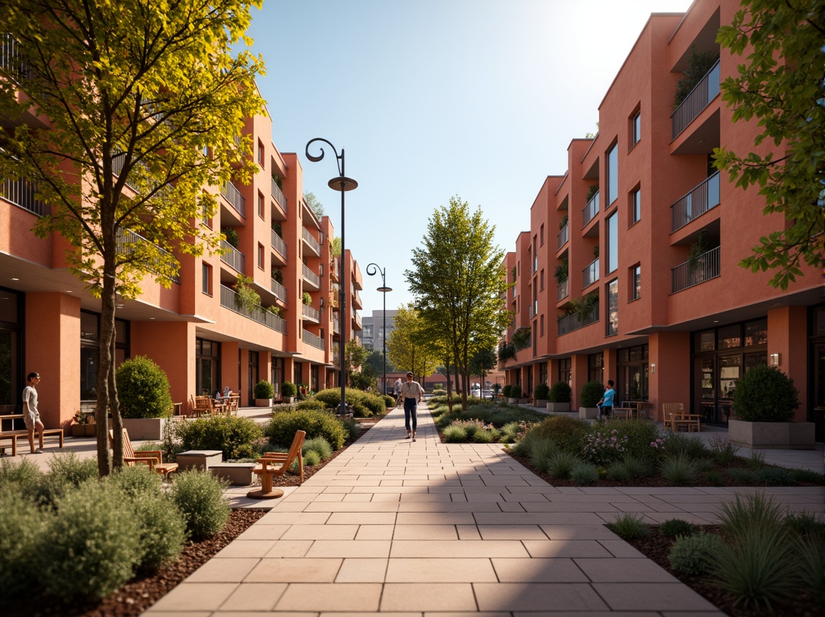 Prompt: Vibrant cityscape, warm terracotta buildings, earthy tone pavement, lush green urban gardens, modern street furniture, decorative lamp posts, cozy cafe seating, wooden accents, bronze metal details, soft warm lighting, shallow depth of field, 1/1 composition, realistic textures, ambient occlusion, morning sunlight, gentle shadows, inviting atmosphere.