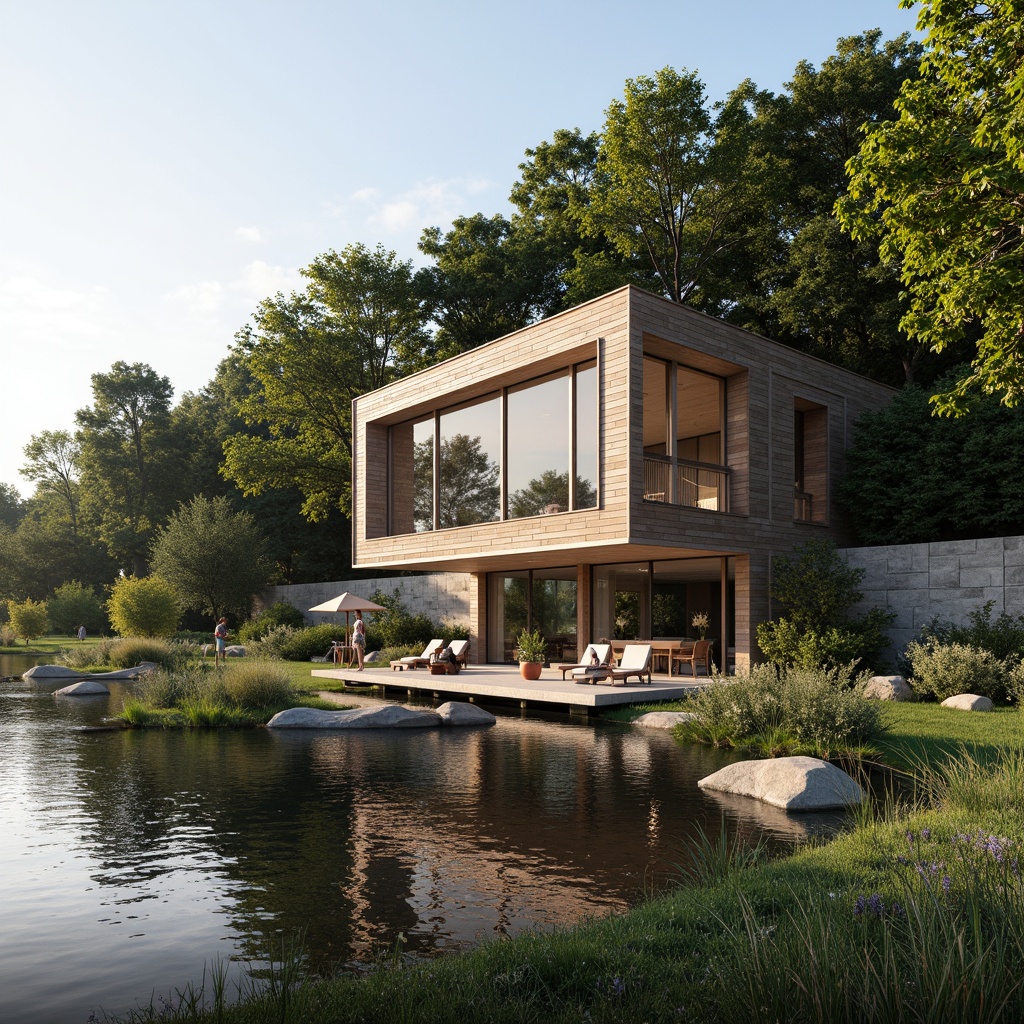 Prompt: Lakefront house, modern facade design, horizontal lines, large windows, sliding glass doors, wooden accents, natural stone cladding, waterfront views, serene lake atmosphere, lush greenery, mature trees, sunny day, soft warm lighting, shallow depth of field, 3/4 composition, panoramic view, realistic textures, ambient occlusion.