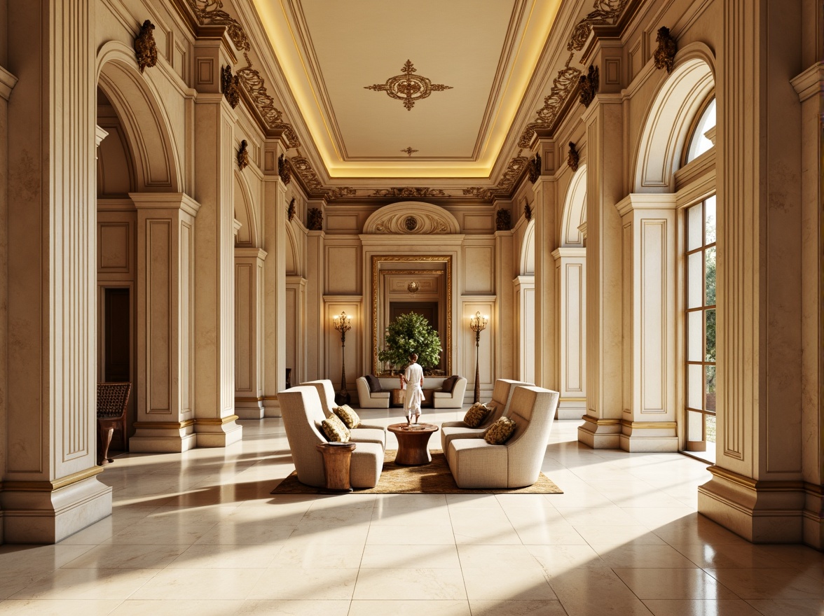 Prompt: Elegant classicism, ornate moldings, rich wood tones, cream-colored marble, soft golden lighting, subtle warm beige, majestic columns, intricate carvings, lavish furnishings, refined velvet textiles, subtle sheen, low-key contrast, harmonious balance, symmetrical composition, precise 1/3 division, delicate highlights, realistic render.