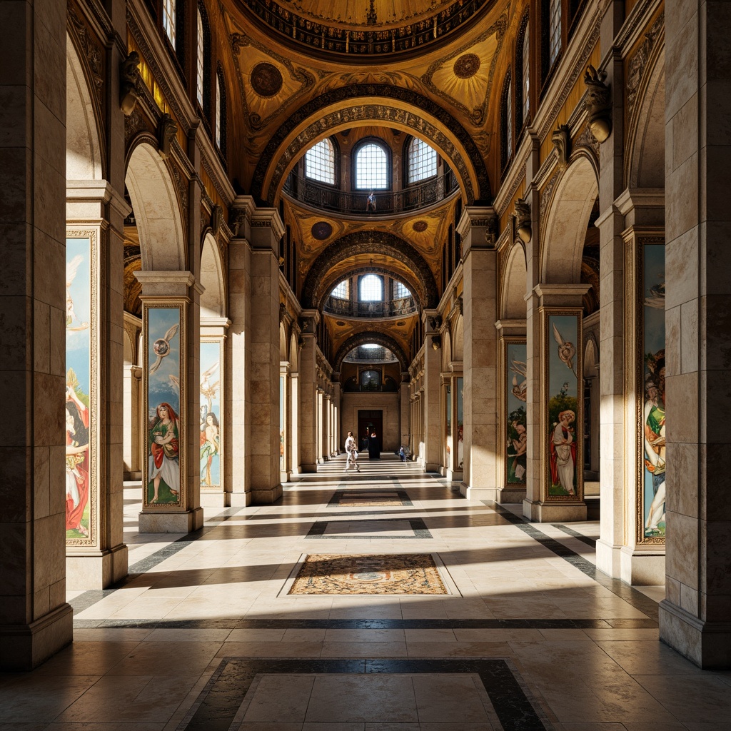 Prompt: Majestic Byzantine architecture, grand archways, ornate columns, intricate mosaics, golden domes, vibrant frescoes, luxurious marble floors, ornamental capitals, richly textured stone walls, mystical ambiance, soft warm lighting, shallow depth of field, 3/4 composition, panoramic view, realistic textures, ambient occlusion.