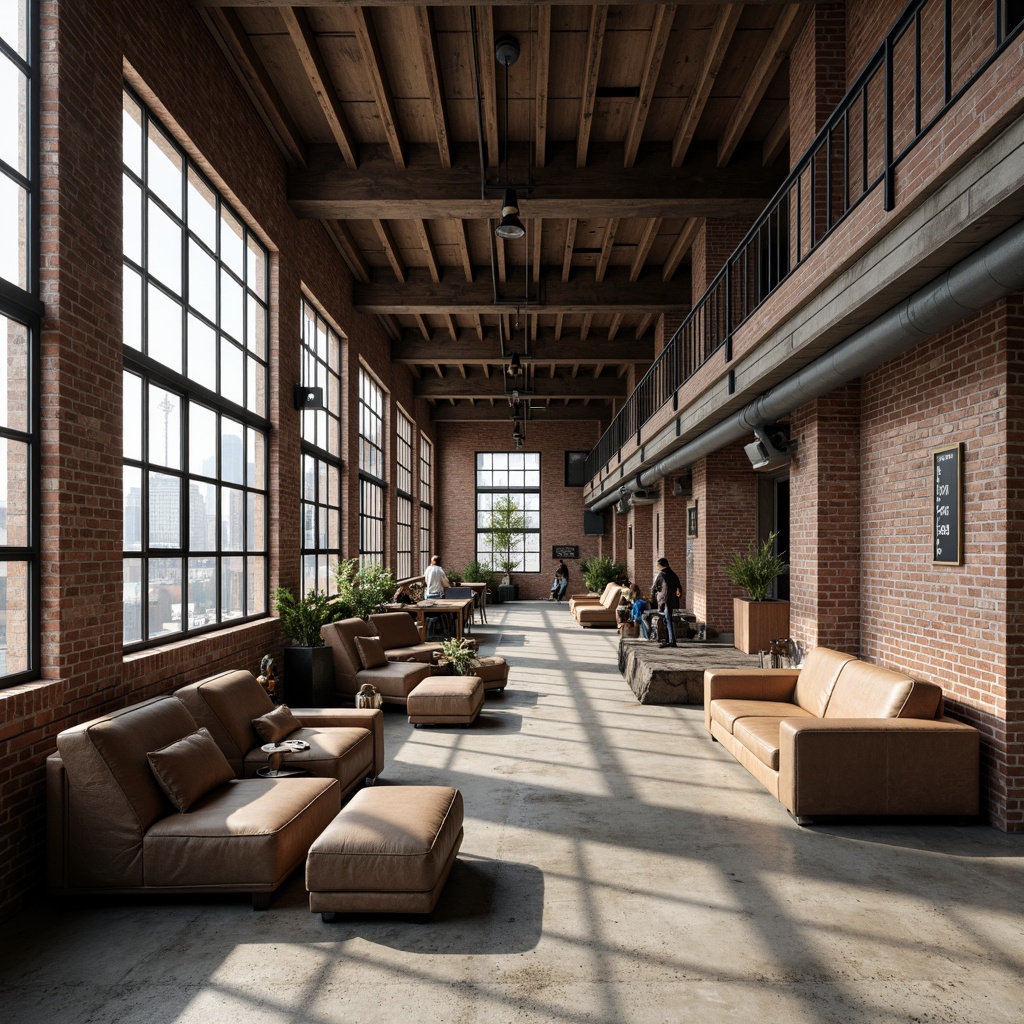 Prompt: Industrial-era factories, exposed brick walls, raw concrete floors, steel beams, minimalist decor, functional simplicity, geometric shapes, primary color palette, bold typography, distressed wood accents, vintage machinery parts, metallic finishes, urban lofts, natural light pouring in, high ceilings, open floor plans, brutalist architecture, monochromatic colors, weathered leather textures, rough-hewn stone walls, reclaimed wood furniture, avant-garde sculptures, abstract art pieces, modernist flair.