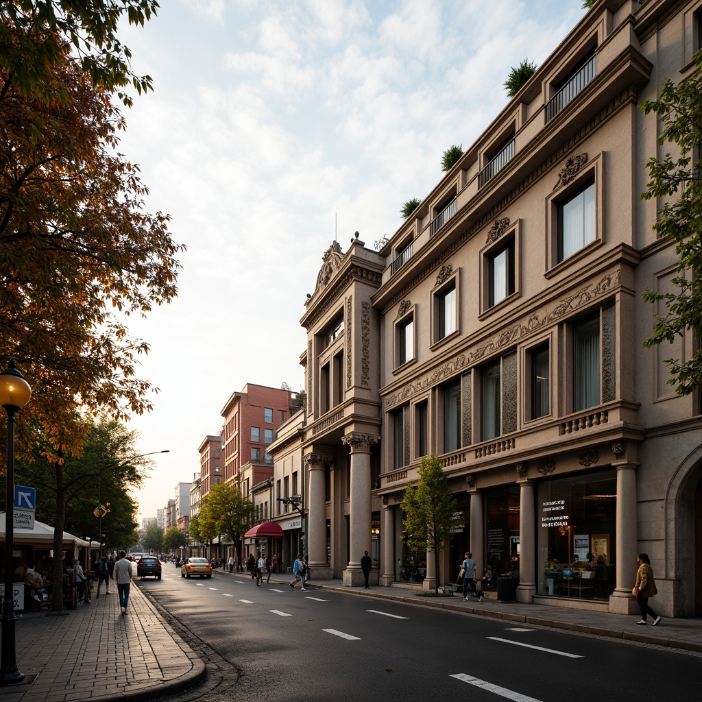 Prompt: Historic cityscape, ornate classical buildings, grandiose columns, archaic stone carvings, intricate moldings, symmetrical facades, vibrant urban life, bustling streets, vintage streetlamps, cobblestone roads, mature trees, scenic pedestrian walkways, harmonious proportions, ornamental details, warm golden lighting, shallow depth of field, 1/2 composition, realistic textures, ambient occlusion.