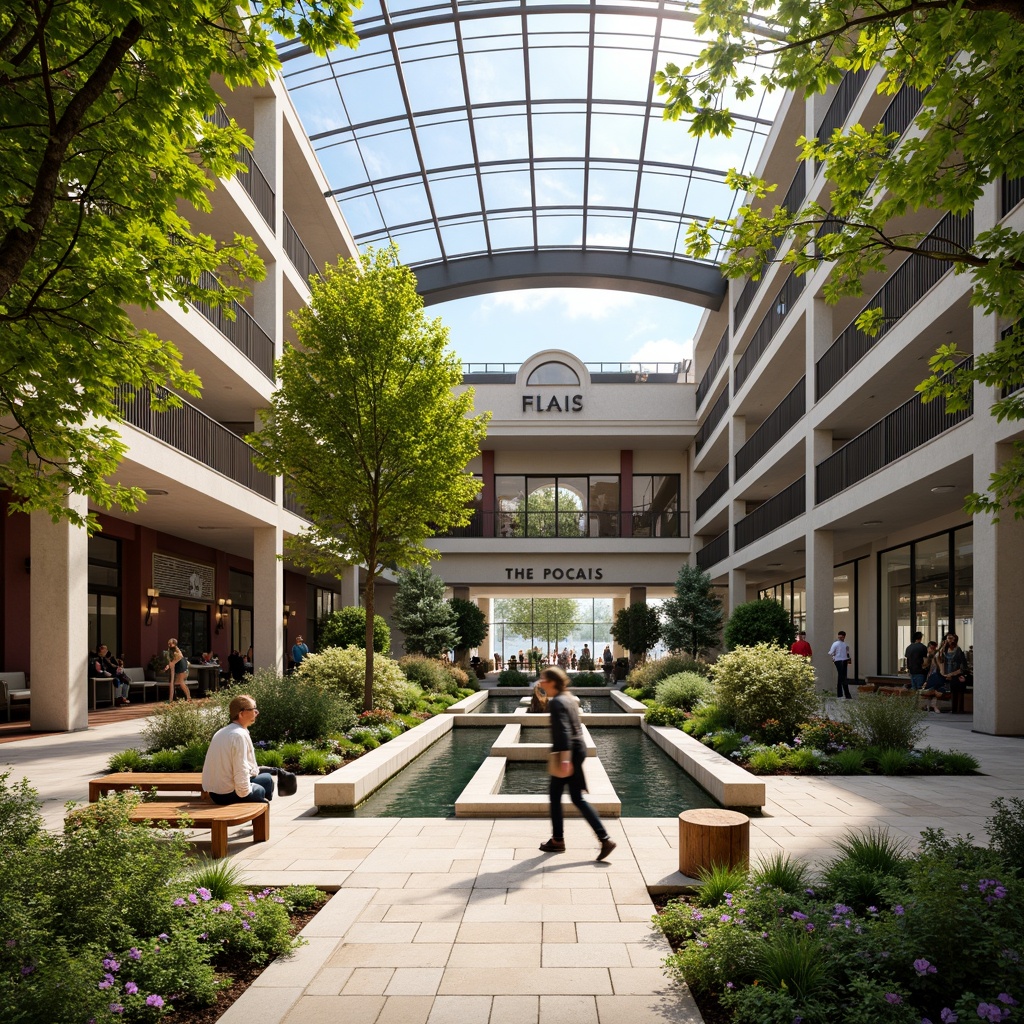 Prompt: Vibrant shopping center courtyard, lush greenery, water features, natural stone flooring, wooden benches, modern architecture, large skylights, glass ceilings, blooming trees, sunny day, soft warm lighting, shallow depth of field, 3/4 composition, panoramic view, realistic textures, ambient occlusion, open-air amphitheater, walking paths, seating areas, public art installations, dynamic fountain displays, landscape-inspired furniture, eco-friendly materials.