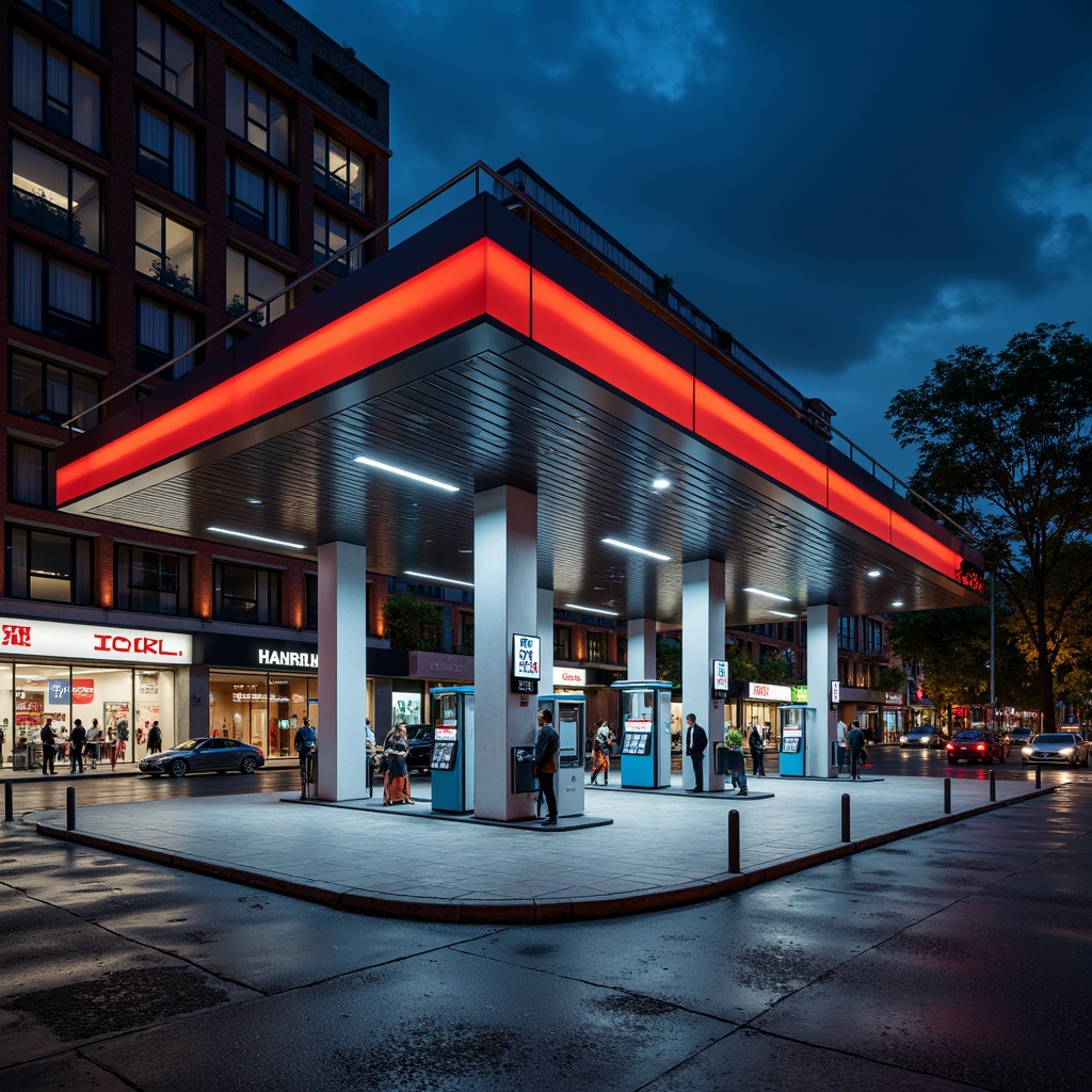 Prompt: Modern gas station, sleek metal canopy, geometric shapes, angular lines, minimalist design, neon lights, bold color scheme, futuristic vibe, urban landscape, cityscape, busy streets, contemporary architecture, clean lines, industrial materials, steel beams, concrete walls, glass fa\u00e7ade, LED lighting, 3/4 composition, shallow depth of field, realistic textures, ambient occlusion.