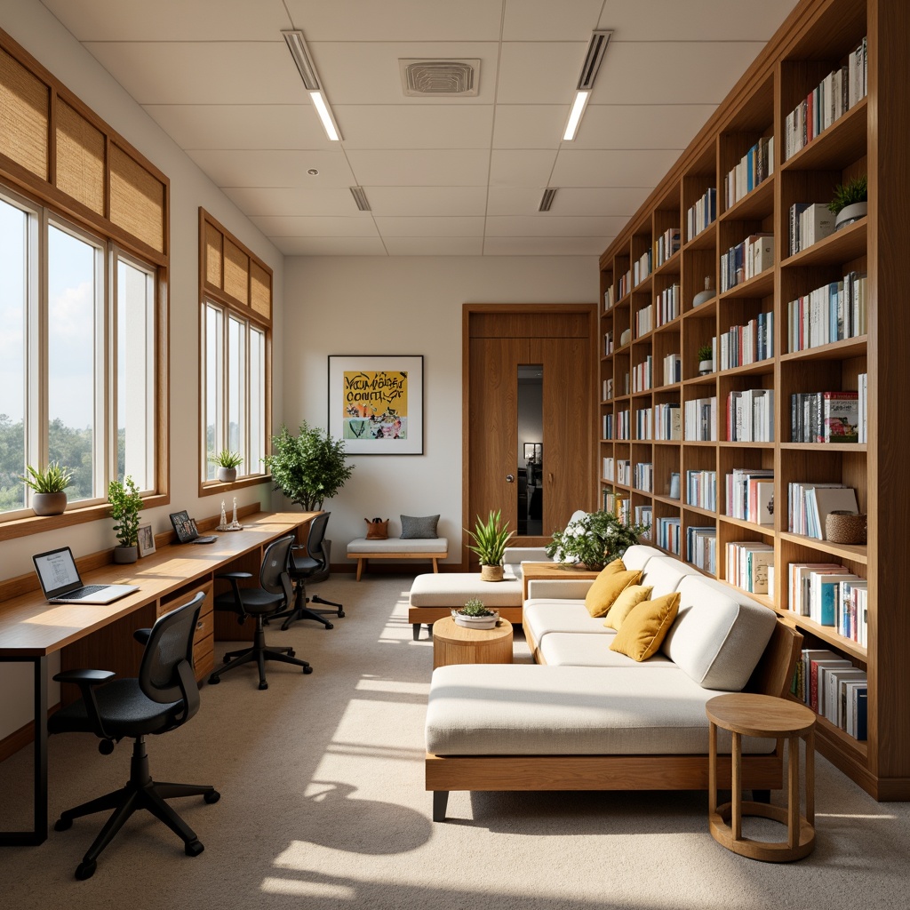 Prompt: Cozy study nook, comfortable couches, wooden desks, ergonomic chairs, plenty bookshelves, vibrant wall art, natural light pouring in, soft carpet flooring, minimalist decor, calming color scheme, peaceful ambiance, functional storage units, adjustable task lighting, collaborative workspaces, modern shelving systems, decorative plants, motivational quotes, relaxing reading areas, soothing music background, warm beige tones, 1/1 composition, shallow depth of field, realistic textures.