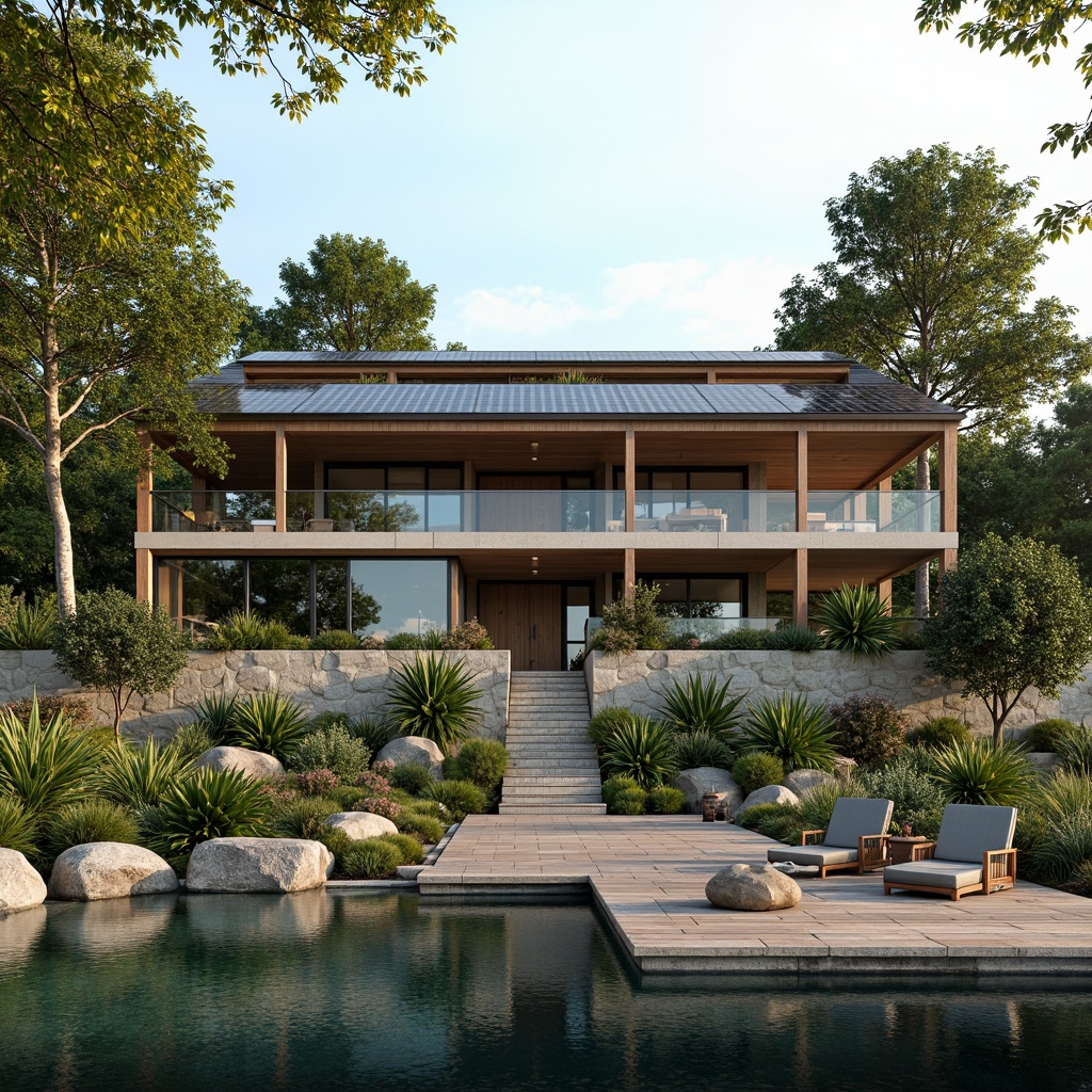 Prompt: Eco-friendly lakefront villa, natural stone fa\u00e7ade, reclaimed wood decking, solar panels, green roofs, rainwater harvesting system, low-maintenance vegetation, native plant species, water-efficient irrigation, organic textures, earthy color palette, rustic wooden accents, large windows, sliding glass doors, panoramic views, soft morning light, shallow depth of field, 1/2 composition, serene atmosphere, realistic reflections.