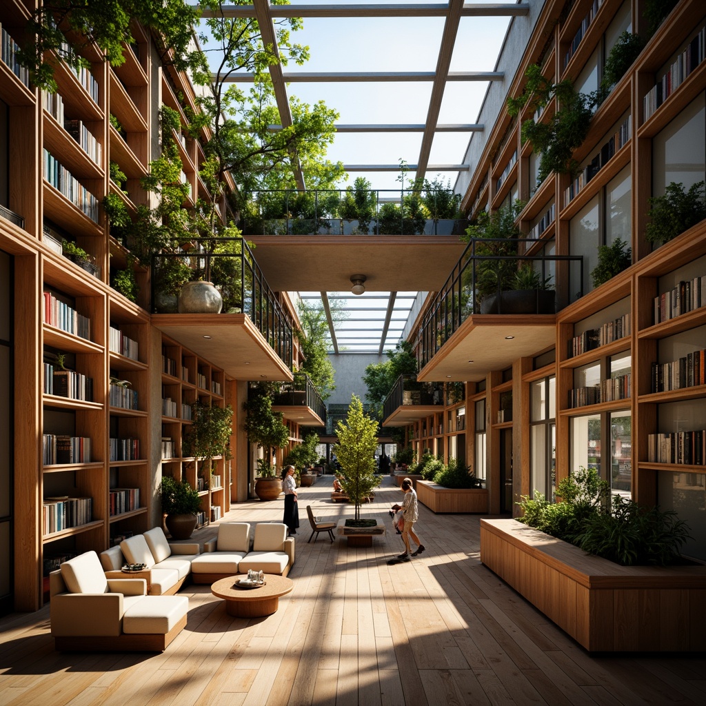 Prompt: Cozy reading nooks, tall shelves with books, warm wooden floors, comfortable seating areas, natural stone walls, large windows, soft diffused lighting, clerestory windows, skylights, open atriums, green roofs, lush indoor plants, calm atmosphere, morning sunlight, gentle warm glow, 1/2 composition, shallow depth of field, realistic textures, ambient occlusion.