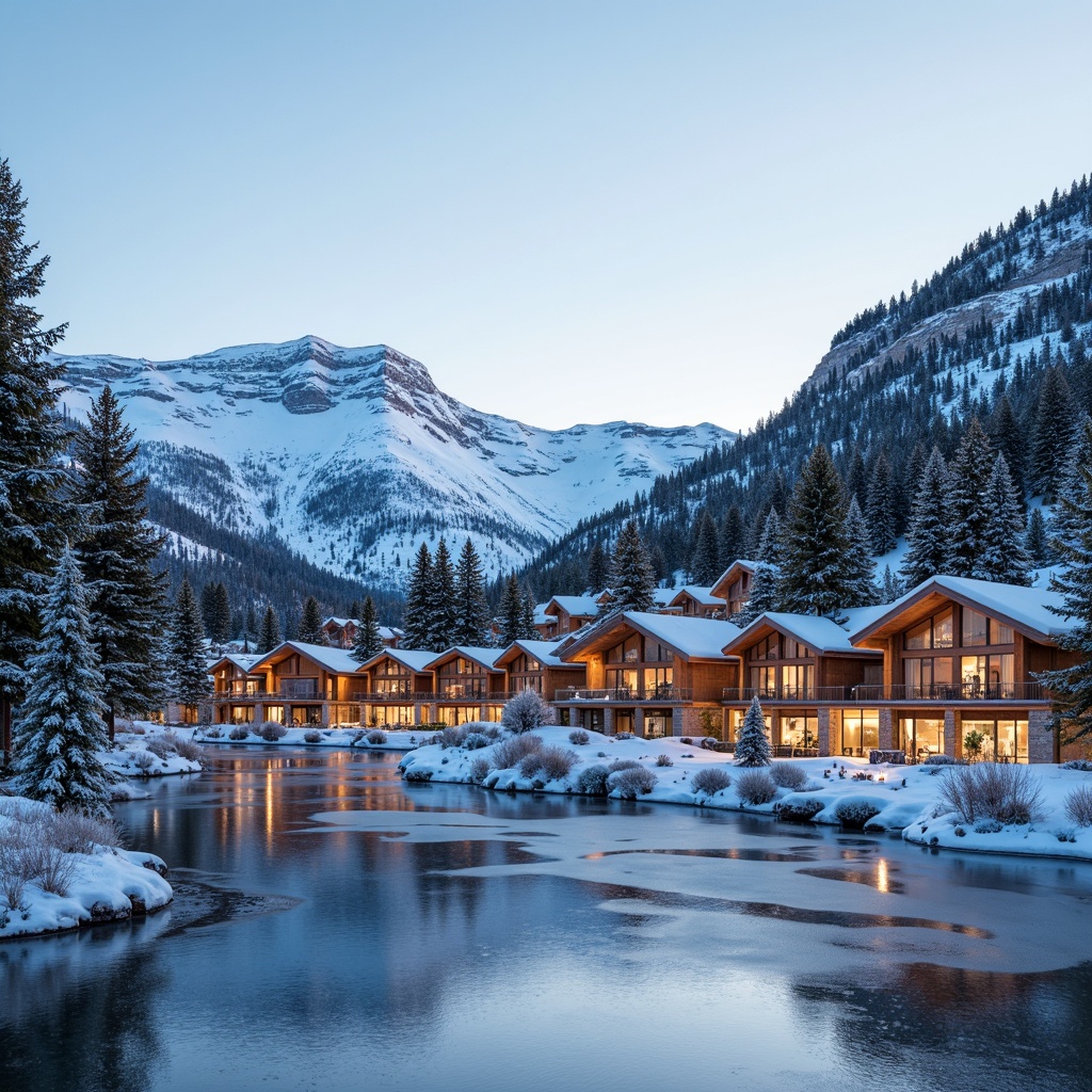 Prompt: Snow-capped mountains, frosty pine trees, icy lakeside, ski resort architecture, regionalist style, wooden chalet buildings, pitched roofs, natural stone foundations, earthy color palette, warm cozy lighting, rustic wooden accents, snowflake patterns, frosty glass windows, solar panels, green roofs, eco-friendly materials, energy-efficient systems, wind turbines, misting systems, Scandinavian-inspired furnishings, vibrant winter sports equipment, snowy scenery, shallow depth of field, 1/1 composition, realistic textures, ambient occlusion.