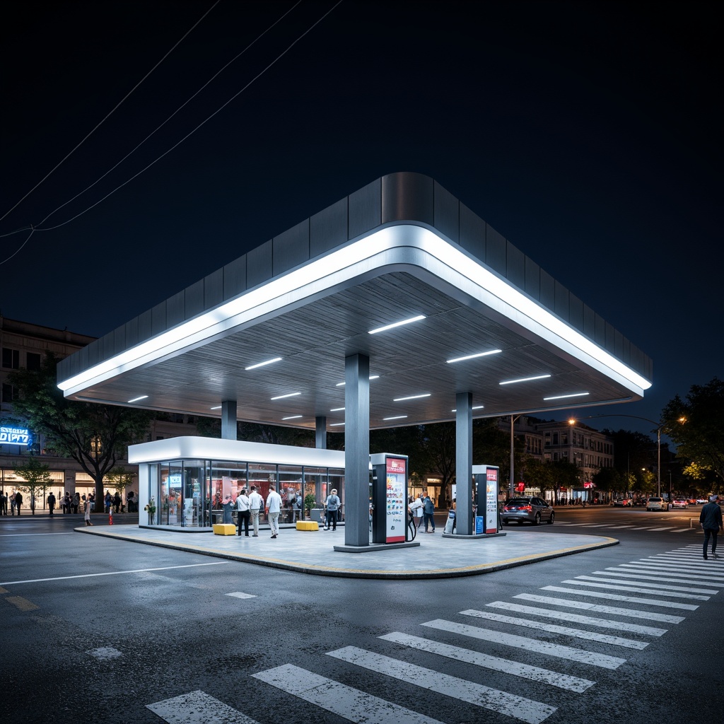 Prompt: Modern gas station, sleek metal canopy, LED lighting, polished concrete floors, minimalist design, industrial materials, steel beams, glass fa\u00e7ade, angular lines, geometric shapes, futuristic vibe, urban landscape, cityscape, busy streets, neon signs, night time, dramatic shadows, high contrast, 3/4 composition, wide-angle lens, realistic textures, ambient occlusion.