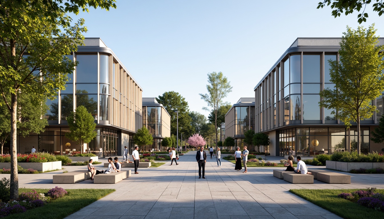 Prompt: Grand campus entrance, modern international style architecture, sleek glass facades, aluminum frames, minimalist ornaments, clean lines, neutral color palette, contrasting stone cladding, lush green roofs, vibrant outdoor spaces, eclectic furniture arrangements, dynamic lighting installations, shallow depth of field, 1/1 composition, symmetrical balance, warm afternoon sunlight, realistic materials, ambient occlusion.