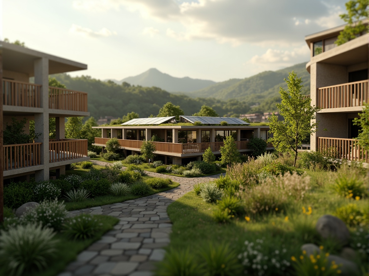 Prompt: Eco-friendly buildings, green roofs, solar panels, recycled materials, natural textures, earthy tones, calming shades, serene atmosphere, soft warm lighting, shallow depth of field, 3/4 composition, panoramic view, realistic textures, ambient occlusion.