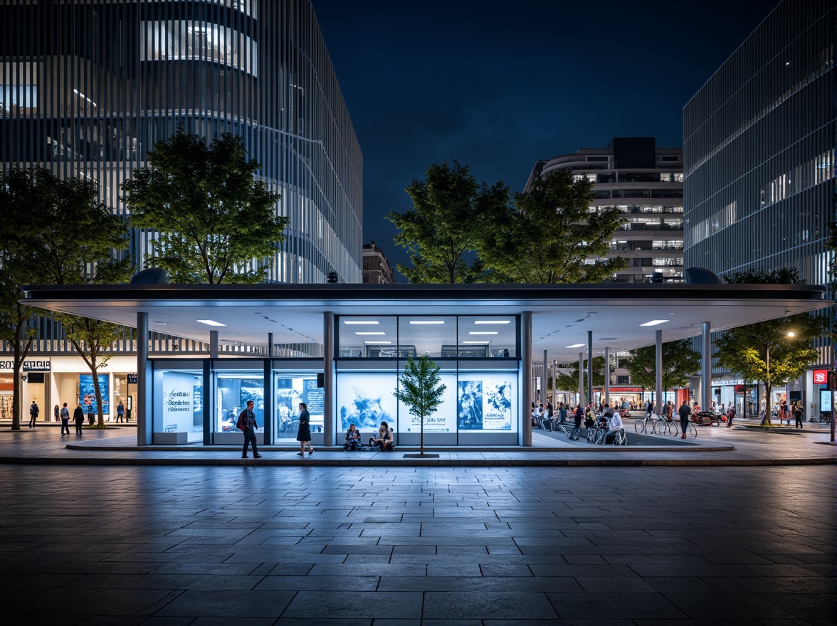 Prompt: Sleek tram station, futuristic facade, dynamic LED lighting, cantilevered rooflines, angular metal structures, transparent glass walls, minimalist signage, modern urban landscape, busy streetscape, rush hour atmosphere, natural stone flooring, stainless steel accents, vibrant city lights, reflective nighttime illumination, shallow depth of field, 1/2 composition, realistic metallic textures, ambient occlusion.