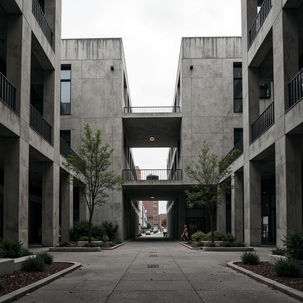 Prompt: Rugged concrete buildings, brutalist fa\u00e7ade, industrial textures, raw steel beams, exposed ductwork, minimalist interiors, functional simplicity, urban renewal context, gritty cityscape, overcast skies, dramatic shadows, high-contrast lighting, cinematic composition, symmetrical framing, bleak color palette, weathered stone walls, imposing monumental scale, fortress-like structure, brutalist landscaping, abstract sculptures, urban brutalism ideology.