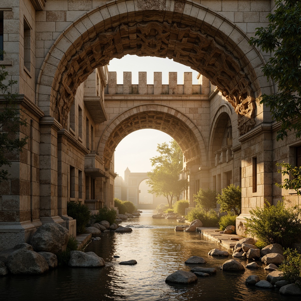 Prompt: Ancient stone bridges, Byzantine arches, ornate carvings, rustic stonework, weathered textures, moss-covered surfaces, majestic pillars, grand entrances, intricate mosaics, vibrant gold accents, warm golden lighting, atmospheric fog, misty mornings, serene water reflections, tranquil riverbanks, 1/1 composition, symmetrical framing, warm color palette, realistic stone materials, detailed architectural ornaments.