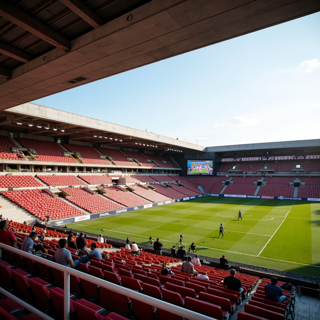 Prompt: Stadium seating, tiered rows, comfortable chairs, vibrant team colors, dynamic lighting systems, clear sightlines, unobstructed views, ergonomic design, durable materials, modern architecture, grandstand roofs, open-air atmosphere, lush greenery, sunny day, soft warm lighting, shallow depth of field, 3/4 composition, panoramic view, realistic textures, ambient occlusion.