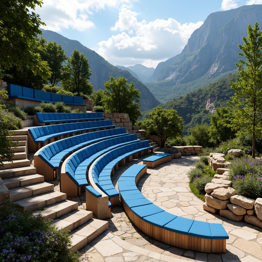 Prompt: \Curved amphitheater design, tiered seating arrangement, comfortable cushioned chairs, vibrant blue seats, natural stone stairs, lush greenery surroundings, majestic mountain views, sunny day, soft warm lighting, shallow depth of field, 3/4 composition, panoramic view, realistic textures, ambient occlusion.\