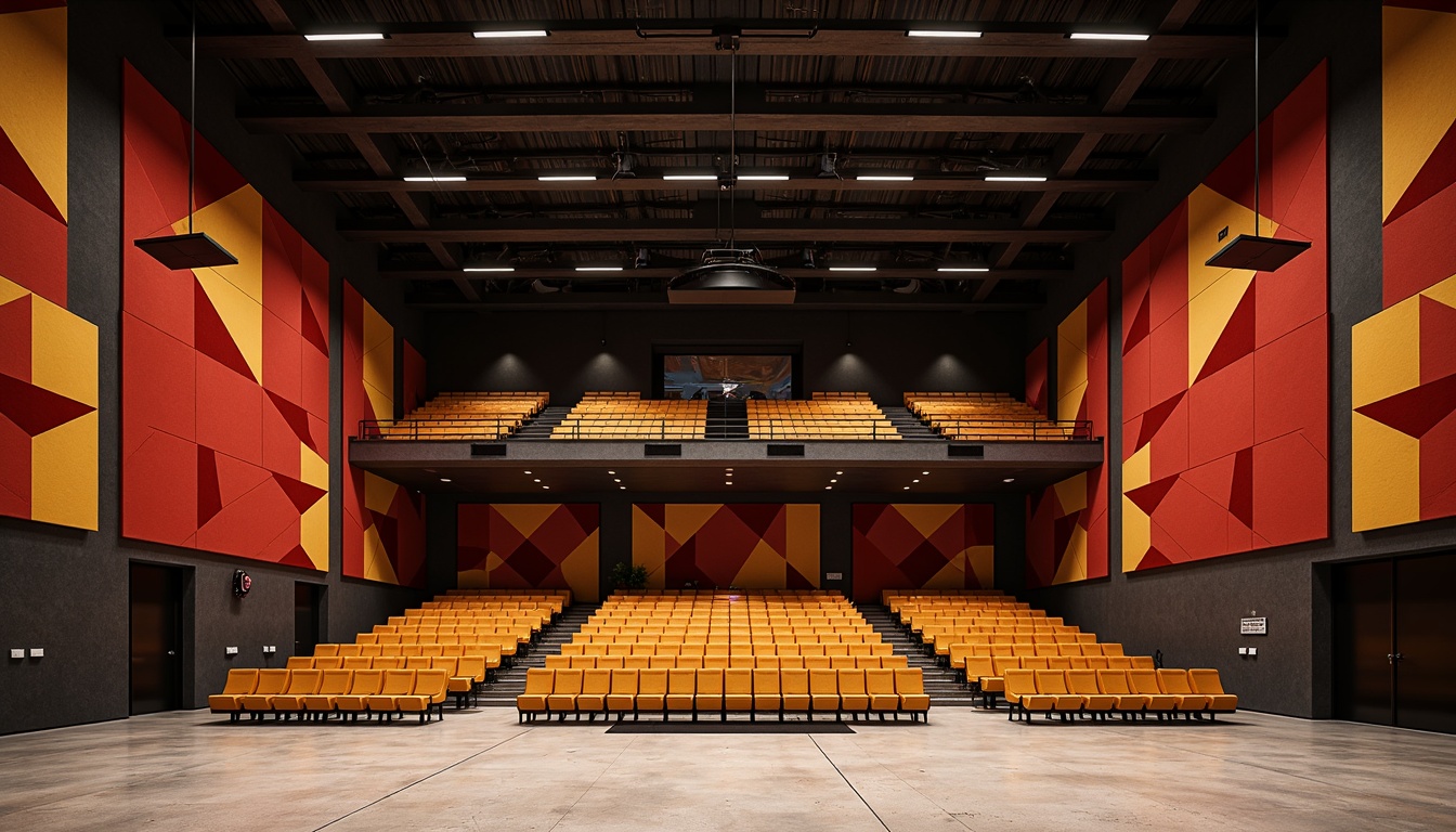 Prompt: Bauhaus-style auditorium, rectangular shape, minimalist design, industrial materials, exposed ductwork, polished concrete floors, geometric patterns, angular lines, bold color schemes, vibrant textiles, avant-garde architecture, modern acoustic panels, sound-absorbing materials, optimized speaker placement, intimate seating arrangements, dynamic lighting systems, warm ambiance, shallow depth of field, 2/3 composition, low-angle shot, realistic textures, ambient occlusion.