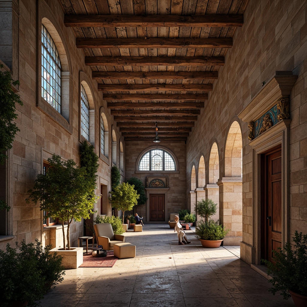 Prompt: Rustic stone walls, arched windows, grandiose entranceways, ornate carvings, intricate moldings, weathered copper roofing, aged brick facades, rugged granite columns, lavish frescoes, vibrant mosaic artworks, ornamental ironwork, dramatic vaulted ceilings, atmospheric warm lighting, soft natural textures, 1/2 composition, realistic renderings, ambient occlusion.