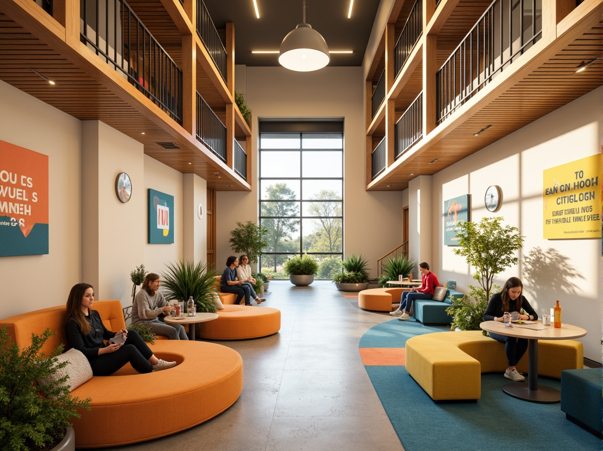 Prompt: Vibrant student hall, youthful energy, warm beige walls, rich wood accents, bold color blocks, comfortable seating areas, modern minimalist furniture, natural light pouring in, floor-to-ceiling windows, cozy reading nooks, collaborative workspaces, inspirational quotes, motivational posters, calming blue tones, energizing orange hues, refreshing green accents, playful yellow highlights, soft warm lighting, shallow depth of field, 3/4 composition, panoramic view, realistic textures, ambient occlusion.