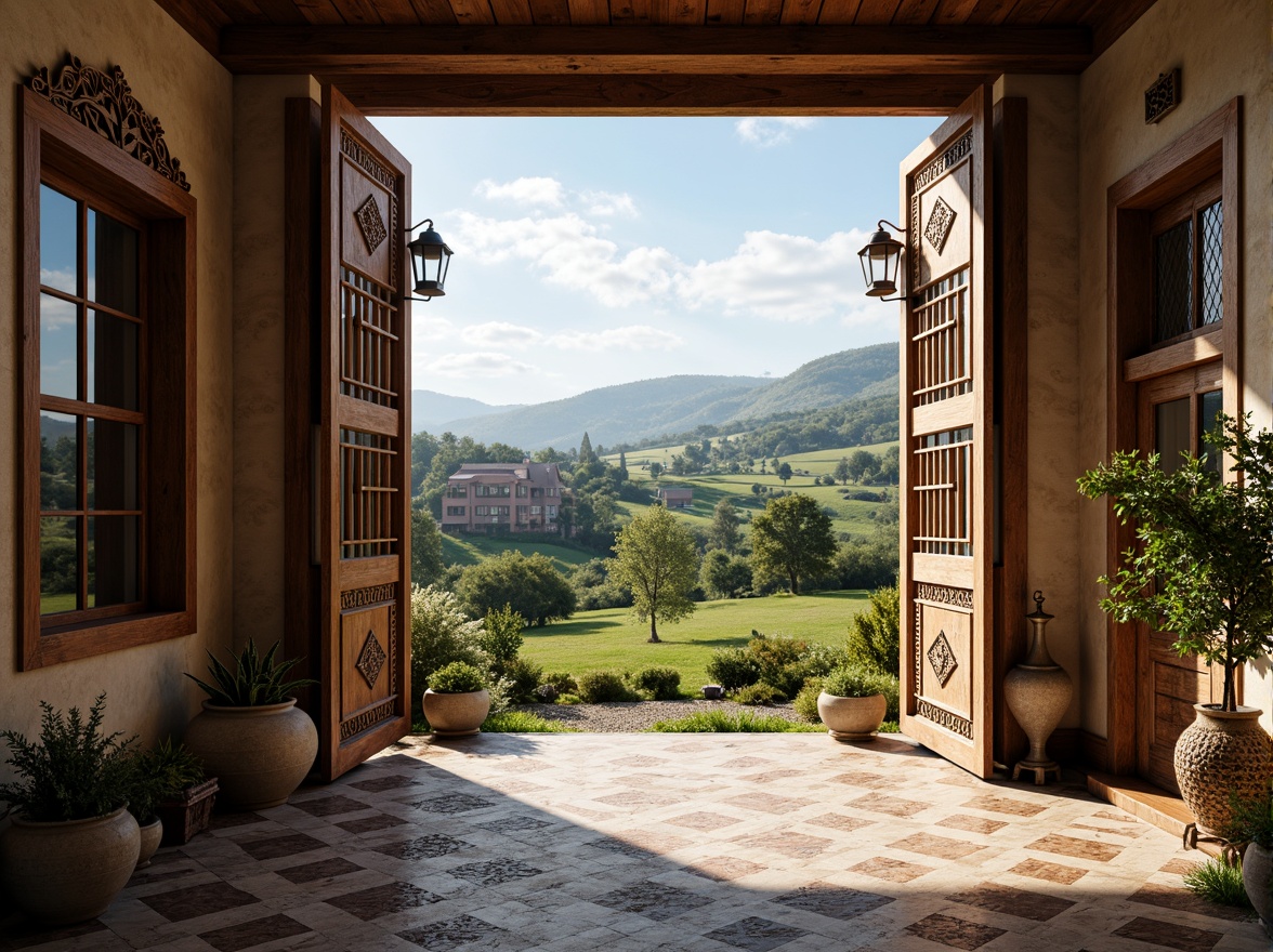 Prompt: Rustic rural landscape, rolling hills, verdant pastures, vintage farmhouses, ornate metalwork, intricate wooden carvings, geometric patterned tiles, ornamental iron gates, decorative lanterns, rustic stone walls, earthy color palette, distressed wood textures, soft warm lighting, shallow depth of field, 1/2 composition, realistic render, ambient occlusion.